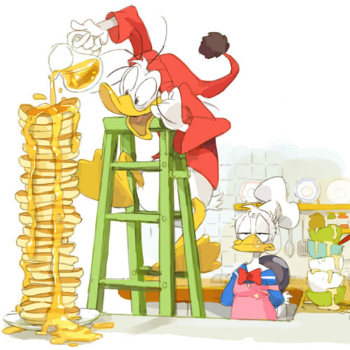 anthro beak being_watched clothing detailed_background duo food hat headgear headwear ladder looking_at_another male open_mouth pancake nemurism disney donald_duck fethry_duck anatid anseriform avian bird duck 1:1 2012 low_res