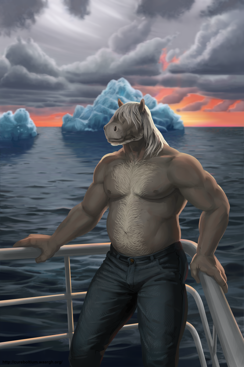 anthro beard biceps body_hair bottomwear chest_hair clothed clothing cloud detailed_background facial_hair front_view fur grey_body grey_fur hair hair_over_eyes iceberg male musclegut muscular muscular_anthro muscular_male nipples outside pants pecs sea seascape ship sky solo sunset text topless vehicle water watercraft white_hair cureboltium brian_cochen equid equine horse mammal 2015 2:3 digital_media_(artwork) hi_res url