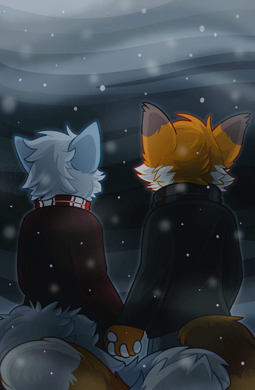 duo female hand_holding male male/female snow crownedvictory sampson_(thymetime) tailskemon ailurid canid canine domestic_cat felid feline felis fox hybrid mammal red_panda hi_res