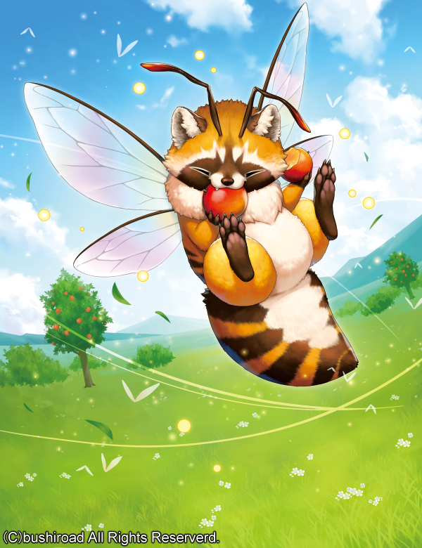 ambiguous_gender antennae_(anatomy) claws daisy_(flower) eyes_closed feral flower fur inner_ear_fluff insect_wings pawpads plant tree tuft wings kemokemono bushiroad cardfight!!_vanguard arthropod bee hybrid hymenopteran insect mammal procyonid raccoon official_art