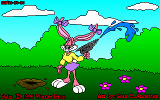 anthro bottomwear clothing female fur nature nature_background outside pink_body pink_fur skirt solo toy toy_gun water water_gun sean_e._andersen tiny_toon_adventures warner_brothers babs_bunny lagomorph leporid mammal rabbit 16:10 1996 low_res widescreen