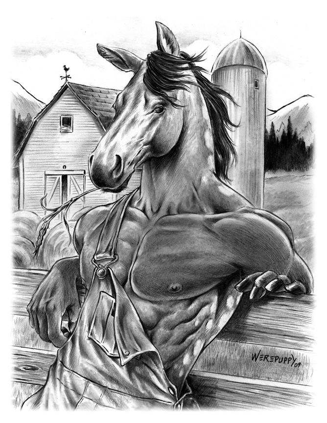 abs against_fence against_surface anthro barn biped building chewing_grass clothed clothing detailed_background farm fence fingers front_view hooved_fingers hooves leaning leaning_backward looking_at_viewer male mane mountain muscular muscular_anthro muscular_male nipples object_in_mouth outside overalls pecs serratus silo snout solo wheat werepuppy equid equine horse mammal 2009 graphite_(artwork) greyscale half-length_portrait monochrome portrait signature traditional_media_(artwork)