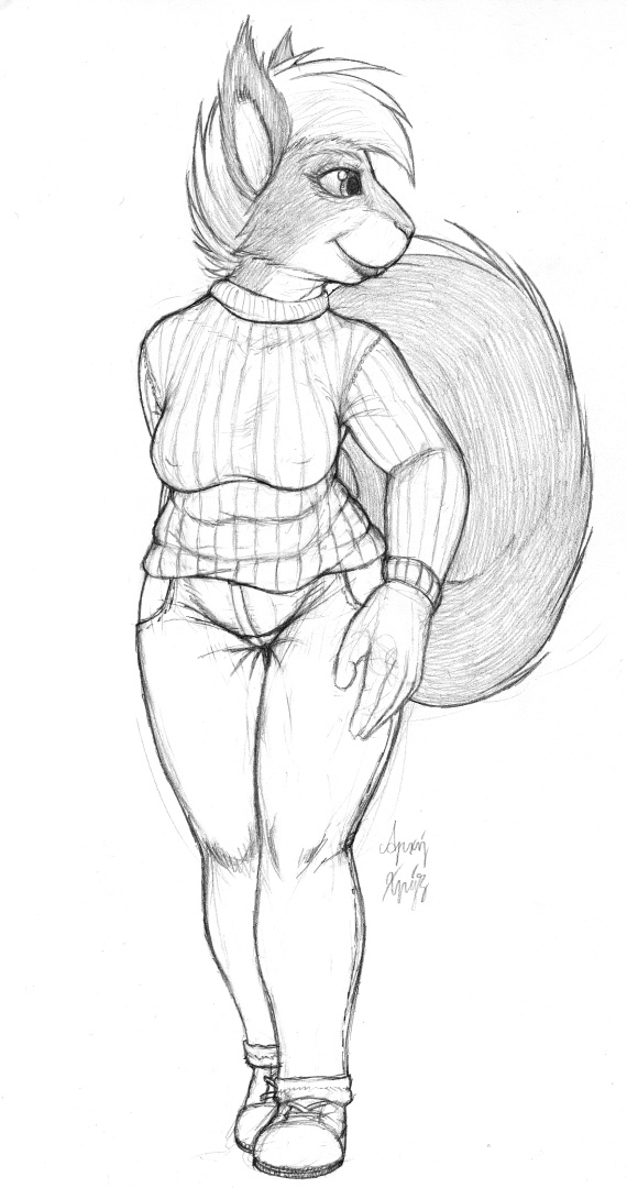 5_fingers anthro boots bottomwear clothed clothing female fingers footwear fur nipple_outline pants shirt shoes slightly_chubby slightly_chubby_anthro slightly_chubby_female solo tail topwear arche_kruz mammal rodent sciurid tree_squirrel monochrome sketch