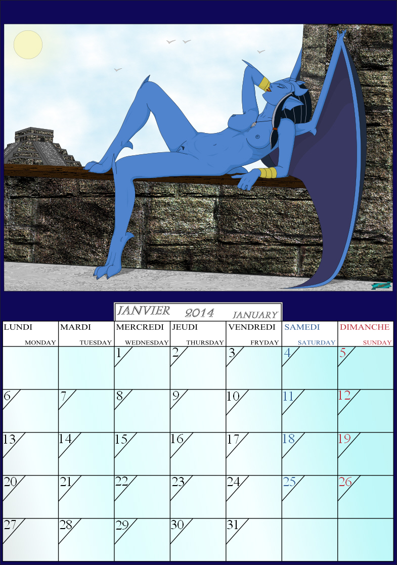 breasts calendar calendar_graphic female genitals irl_trace january_(month) nipples nude pose pussy solo fab3716 disney gargoyles obsidiana 2014 pinup