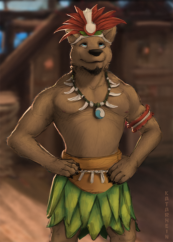 anthro armband beard biped blue_eyes boat brown_body brown_fur clothed clothing facial_hair front_view fur hands_on_hips headdress jewelry leaf_clothing leaf_skirt looking_up male necklace nipples smile solo standing topless tribal vehicle watercraft katarhein disney moana matai_vasa mammal mustelid otter portrait three-quarter_portrait