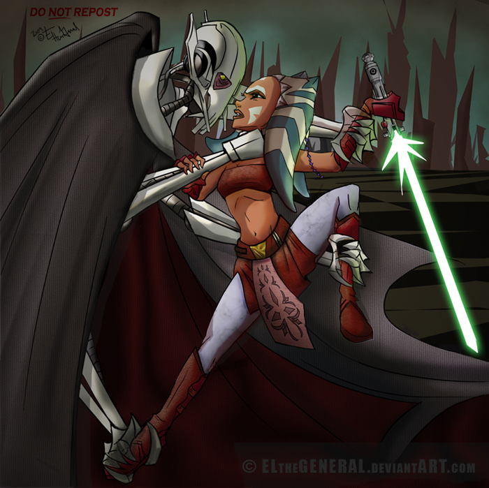 boots cape clothing cybernetics duo female footwear green_lightsaber jedi lightsaber machine male male/female melee_weapon navel shoes weapon elthegeneral star_wars star_wars:_the_clone_wars ahsoka_tano general_grievous alien cyborg kaleesh togruta