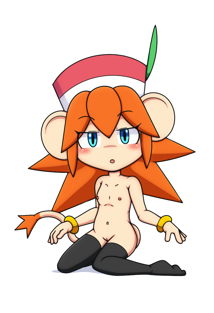 blush clothing female hair hat headgear headwear jewelry legwear looking_at_viewer nipples orange_hair simple_background solo stockings kcn bandai_namco klonoa_(series) lolo_(klonoa) animal_humanoid haplorhine humanoid mammal mammal_humanoid monkey monkey_humanoid primate primate_humanoid