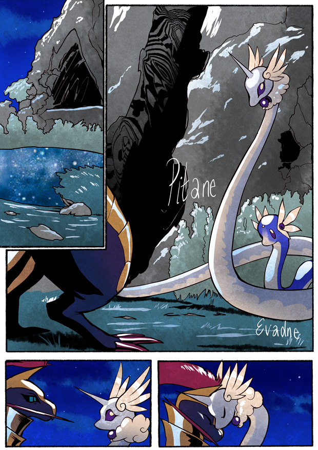 affectionate cave head_bump night outside pond sky star starry_sky text grimart nintendo pokemon evadne_(grimart) pitane_(grimart) prometheus_(grimart) dragonair dratini generation_1_pokemon generation_5_pokemon haxorus pokemon_(species) comic english_text