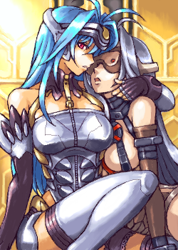 blue_hair breasts clothed clothing female hair machine not_furry red_eyes selfcest square_crossover akihidekawa xenosaga kos-mos kos-mos_(archetype) humanoid robot low_res