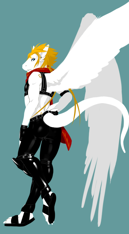 anthro blonde_hair blue_eyes feathered_wings feathers hair latex male simple_background solo tail wings cerezo mythology siegfried angel_dragon dragon feathered_dragon feathered_scalie mythological_creature mythological_scalie scalie