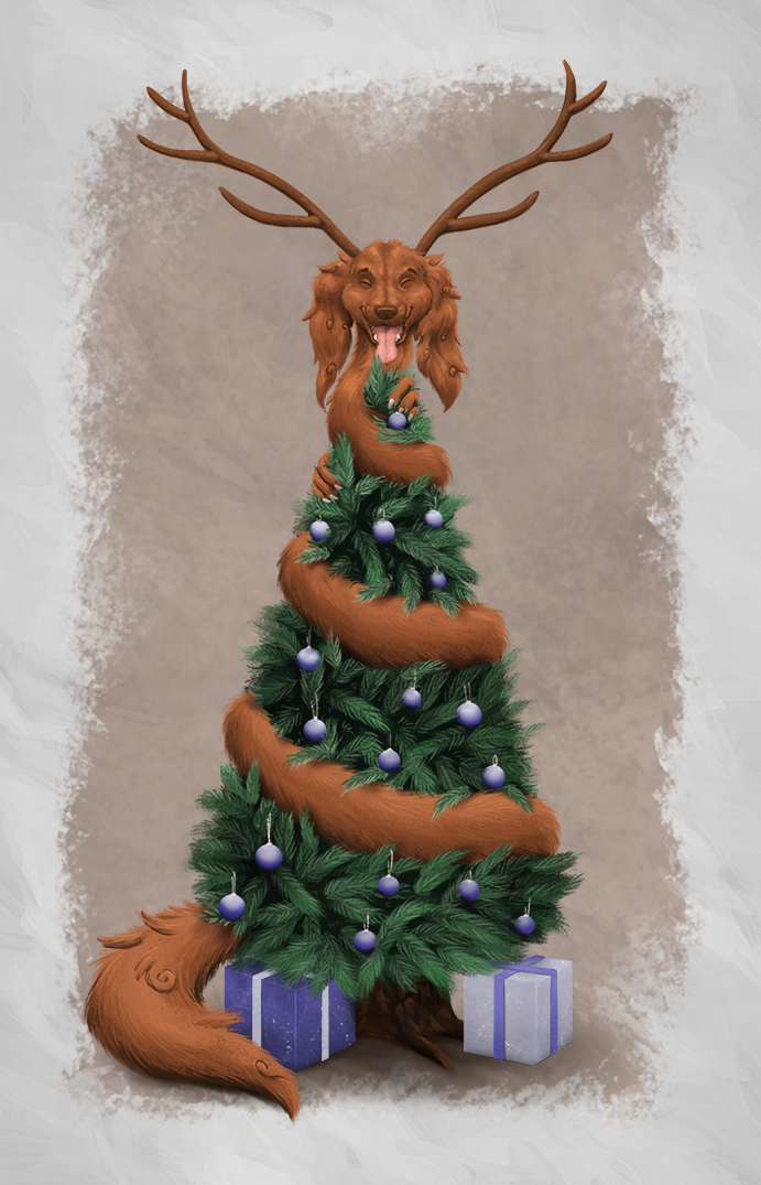 antlers christmas_tree gift holidays horn male plant solo tongue tree conditional_dnp nanashi-arts christmas nanashithedog bird_dog canid canine canis domestic_dog hunting_dog mammal spaniel spaniel_of_saint_usuge