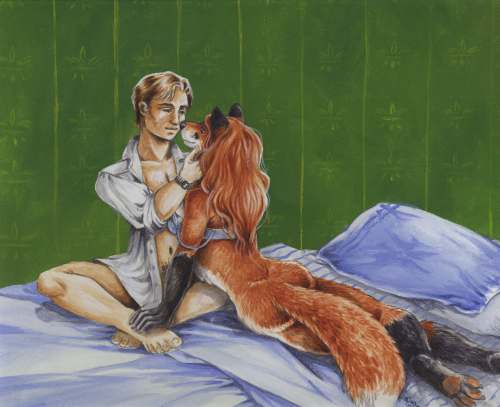 anthro bed black_nose bottomless bra brown_hair clothed clothing detailed_background duo female fur furniture hair human_on_anthro inside interspecies kissing male male/female navel nude on_bed open_clothing open_shirt open_topwear orange_body orange_fur pillow romantic romantic_couple shirt tail topwear underwear heather_bruton chakona_space mary-anne_renelle canid canine fox human mammal red_fox true_fox low_res story story_at_source