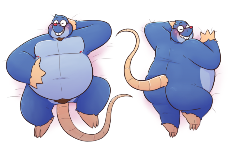 anthro belly blue_body blue_fur blush eyes_closed fur lying male nipples overweight overweight_anthro overweight_male simple_background solo leothelionel the_human_heart_(game) dylan_ramos eulipotyphlan mammal mole_(animal) 2020