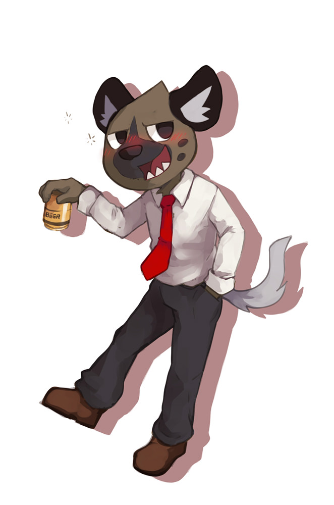 alcohol anthro beer beverage biped blush bottomwear clothed clothing fangs footwear fur inner_ear_fluff male multicolored_body multicolored_fur necktie pants shoes solo standing teeth tuft lowerkuo aggretsuko sanrio haida_(aggretsuko) hyena mammal spotted_hyena 2018