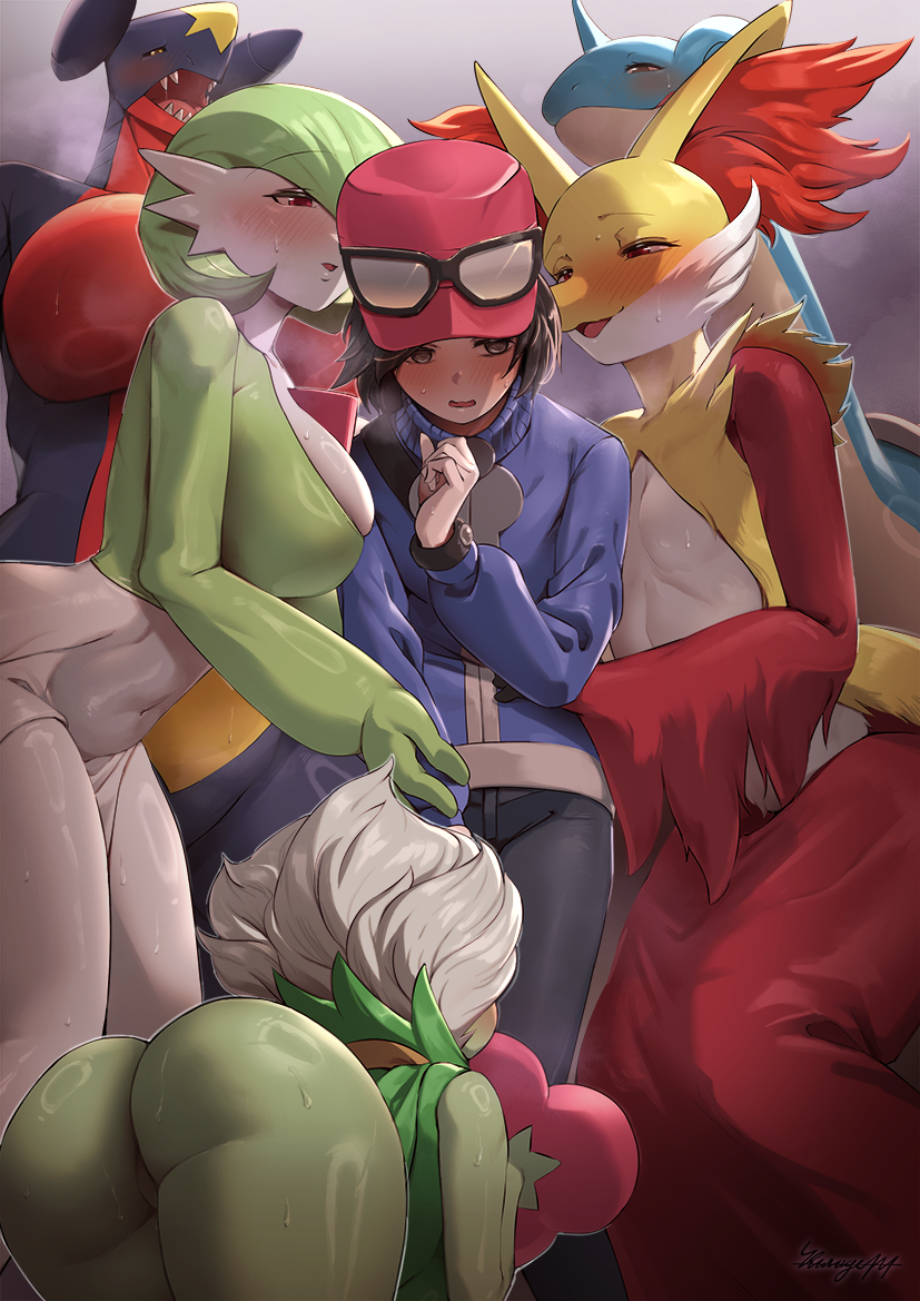 anthro big_breasts big_butt blush bodily_fluids breasts butt clothed clothing female femboy male sweat sweatdrop sweaty_butt kurage444 nintendo pokemon calem_(pokemon) delphox garchomp gardevoir generation_1_pokemon generation_3_pokemon generation_4_pokemon generation_6_pokemon human humanoid lapras mammal pokemon_(species) roserade 2025