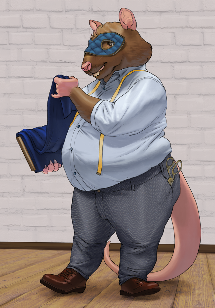 anthro belly brown_body brown_fur buckteeth claws clothed clothing fur holding_clothing holding_object male mask overweight overweight_anthro overweight_male scissors solo standing tailor tape_measure teeth chubby-shark mammal murid murine rat rodent