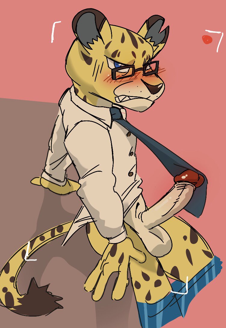 anthro balls big_glans blush blush_lines bottomwear clothed clothing eyewear genitals glasses humanoid_genitalia humanoid_penis lying male necktie open_bottomwear open_clothing penis recording solo hollowpup aggretsuko sanrio hyoudou felid leopard mammal pantherine