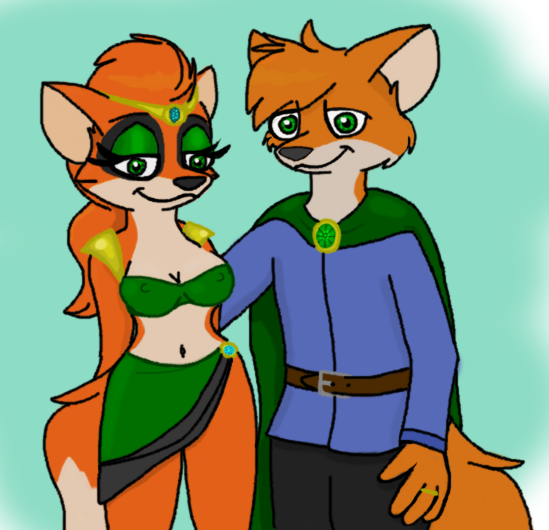 anthro breasts cleavage clothed clothing dipstick_tail duo eyeshadow fantasy female green_eyes green_eyeshadow hair makeup male male/female markings medieval medieval_fantasy midriff navel nipple_outline nipples ring tail tail_markings topwear tube_top enwood-the-fox the_blue_cult godric_westervyan hild_westervyan canid canine fox mammal digital_media_(artwork) brother_(lore) brother_and_sister_(lore) sibling_(lore) sister_(lore)