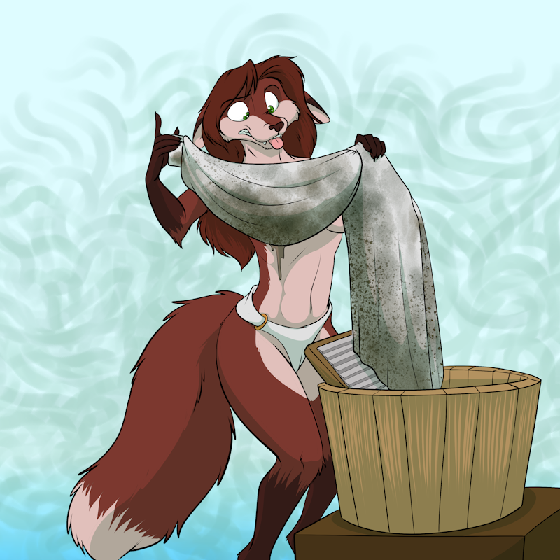 anthro black_nose breasts clothed clothing dipstick_tail female gloves_(marking) green_eyes leg_markings markings navel panties socks_(marking) solo tail tail_markings tongue tongue_out topless underwear washing_clothes foxenawolf diana_artemis canid canine fox mammal 1:1