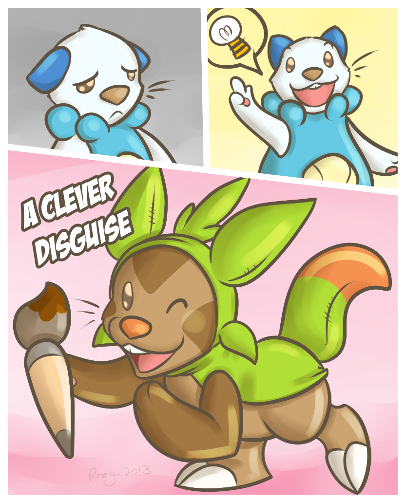 ambiguous_gender anthro bodypaint border brush disguise humor outline paintball paintbrush solo tail white_border rozga nintendo pokemon chespin generation_5_pokemon generation_6_pokemon oshawott pokemon_(species) 2013 digital_media_(artwork)