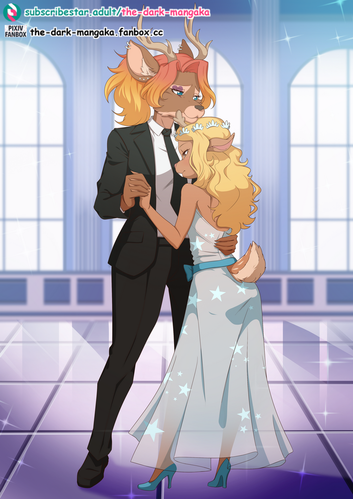 anthro blonde_hair blue_eyes clothing dancing dress duo female footwear hair high_heels male male/female shoes subscribestar_logo suit tail the_dark_mangaka deltarune subscribestar undertale_(series) christine_maria_(cowgomoo) noelle_holiday deer mammal new_world_deer reindeer