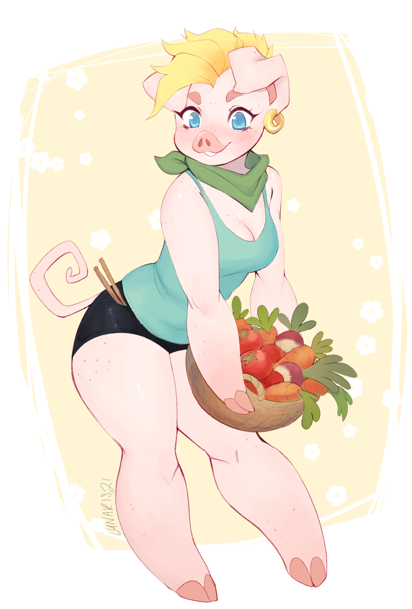 anthro basket blonde_hair blue_clothing blue_eyes bottomwear breasts carrot chopsticks clothing container curled_tail ear_piercing ear_ring female floppy_ears food fruit green_clothing hair hooves piercing pink_body plant radish ring_piercing scarf shirt shorts smile solo spandex spandex_shorts tail tank_top tight_bottomwear tight_clothing tight_shorts tomato topwear vegetable lunaris21 domestic_pig mammal suid suine sus_(pig) hi_res