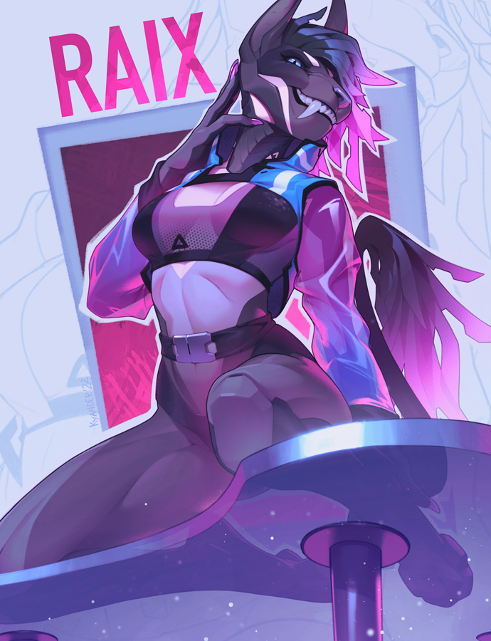 4_toes 5_fingers anthro black_nose blue_eyes bra breasts clothed clothing feet female fingers grey_body hair kneeling looking_at_viewer pink_hair smile solo teeth toes topwear underwear white_body kyander raix_(twilight-goddess) 2022 digital_media_(artwork)