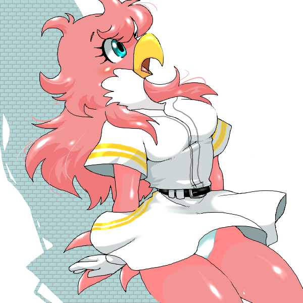 anthro baseball_uniform beak belt biped blue_eyes bottomwear breasts clothed clothing eyelashes feathers female gloves hair handwear kemono mascot non-mammal_breasts open_mouth panties pink_body pink_feathers pink_hair shirt skirt solo sportswear standing surprise tongue topwear underwear uniform upskirt white_body white_feathers chikuwabu fukuoka_softbank_hawks nippon_professional_baseball honey_hawk accipitrid accipitriform avian bird 1:1