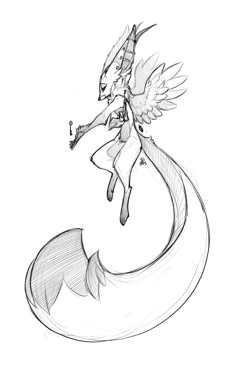 ambiguous_gender anthro big_tail ear_piercing feathered_wings feathers huge_tail industrial_piercing key piercing solo tail wings redbeanviolin dirtiran_(keyfeathers) canid canine fox mammal 2013 hi_res monochrome sketch