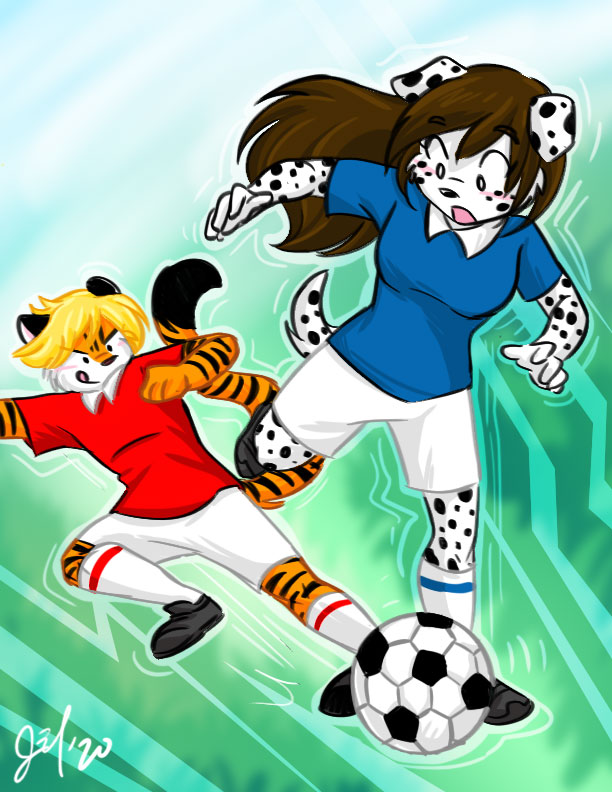 anthro ball blonde_hair blush bottomwear breasts brown_hair clothed clothing duo female footwear fur hair male markings shoes shorts soccer soccer_ball sport spots spotted_body spotted_fur striped_body striped_fur stripes j3t canid canine canis domestic_dog felid mammal pantherine tiger 2020 character_request digital_media_(artwork) shaded