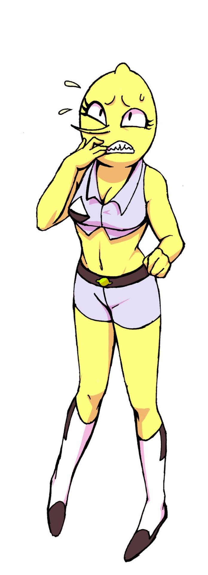 breasts cleavage clothed clothing female food fruit not_furry plant simple_background solo unknown_artist adventure_time cartoon_network lady_lemongrab candy_people_(at) elemental_creature flora_fauna food_creature food_humanoid humanoid lemon_people living_fruit living_lemon hi_res