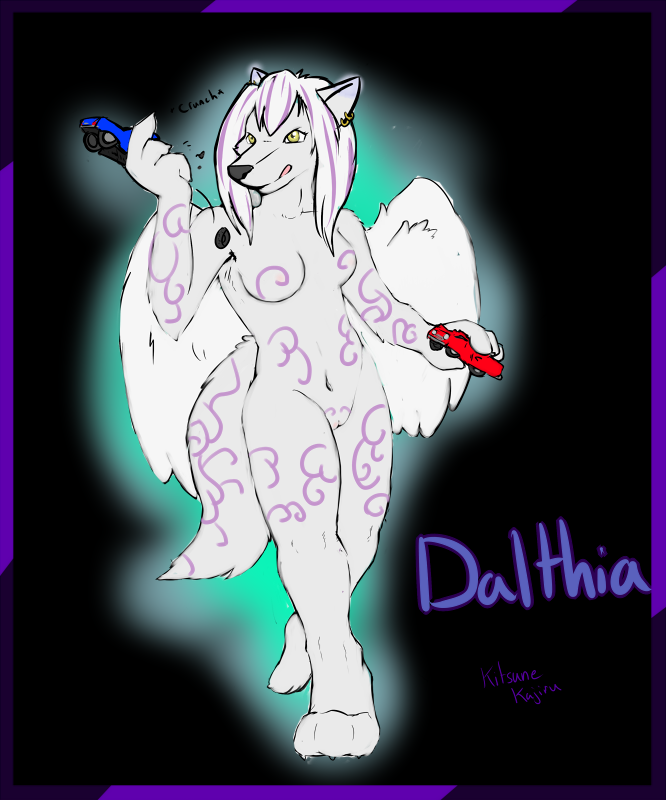 anthro biped blue_border border breasts feathered_wings feathers female genitals kitsune-kajiry macro micro nude piercing pussy solo standing wings conditional_dnp kajivore dalthia fey hybrid