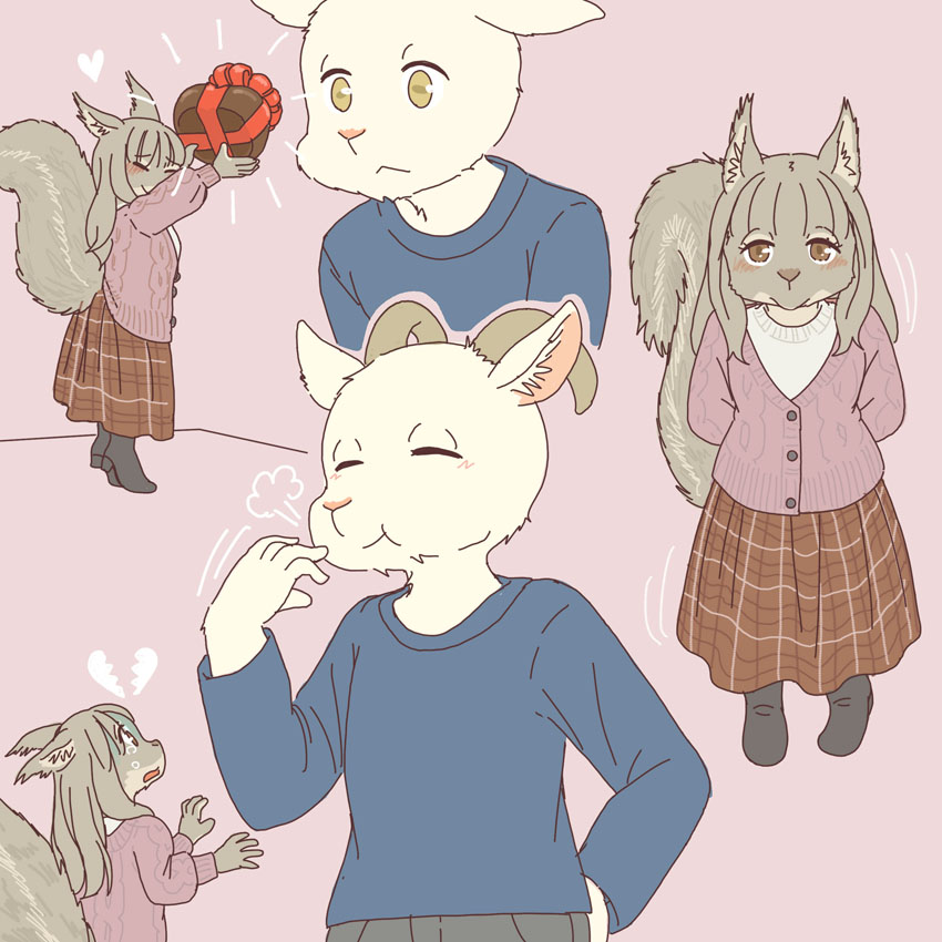 anthro broken_heart clothed clothing duo eating female gift_wrapped heart_symbol holidays horn kemono larger_male male offering_candy size_difference smaller_female ekaki510 valentine's_day bovid caprine goat grey_squirrel mammal rodent sciurid tree_squirrel 1:1