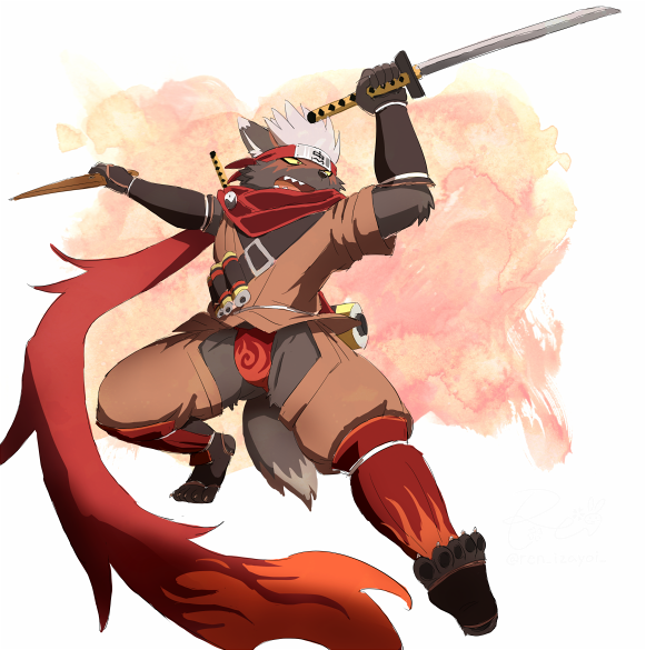 accessory anthro asian_clothing black_body black_fur clothing east_asian_clothing fundoshi fur hair headband japanese_clothing kunai male ninja open_crotch pawpads red_clothing red_fundoshi red_underwear scar scarf scroll solo underwear warrior weapon white_hair ren_izayoi lifewonders tokyo_afterschool_summoners tadatomo_(tas) canid canine canis domestic_dog mammal