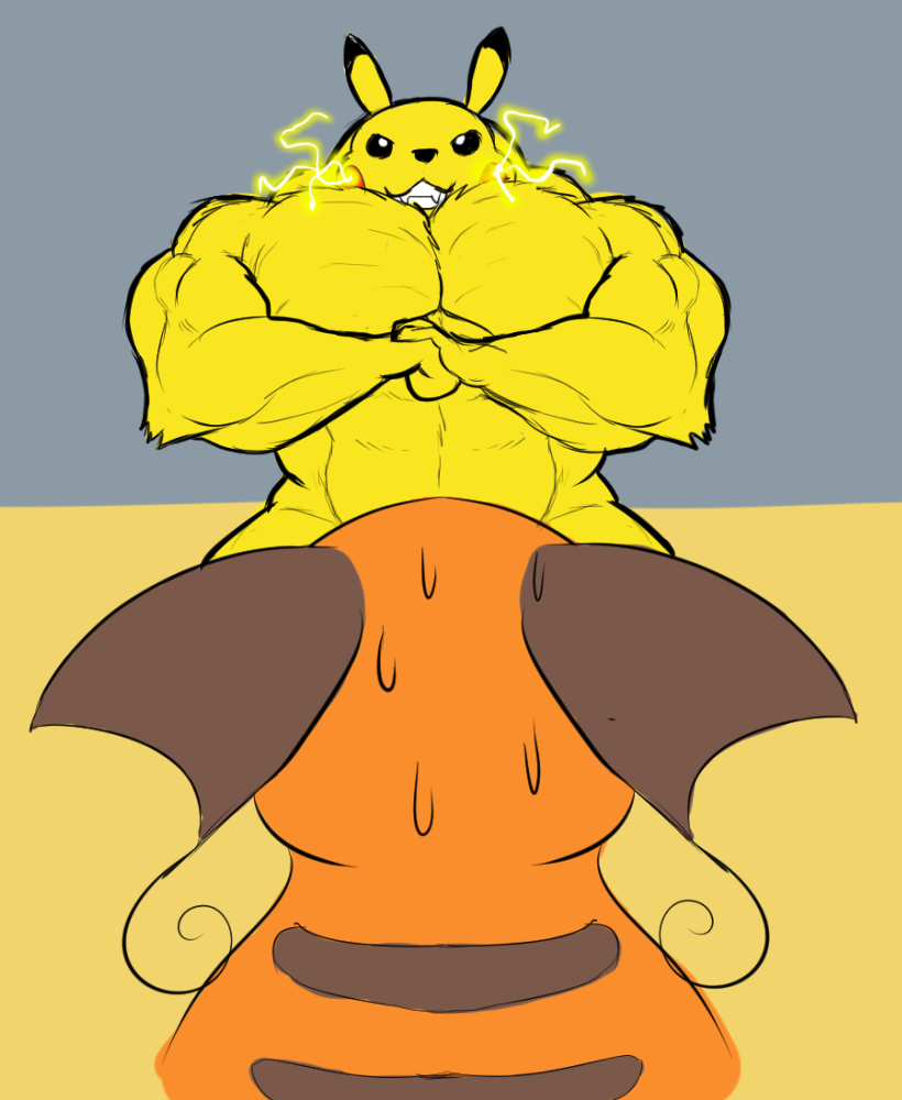 abs anthro anthrofied biceps big_muscles bodily_fluids convenient_censorship duo electricity eye_contact feral fist flexing front_view fur grin huge_muscles imminent_pain looking_at_another male muscular neck_muscles nude pecs pokemorph rape_face rear_view simple_background size_difference smile sweat sweatdrop triceps yellow_body yellow_fur tyr_remora nintendo pokemon generation_1_pokemon mammal pikachu pokemon_(species) raichu rodent 2016 censored