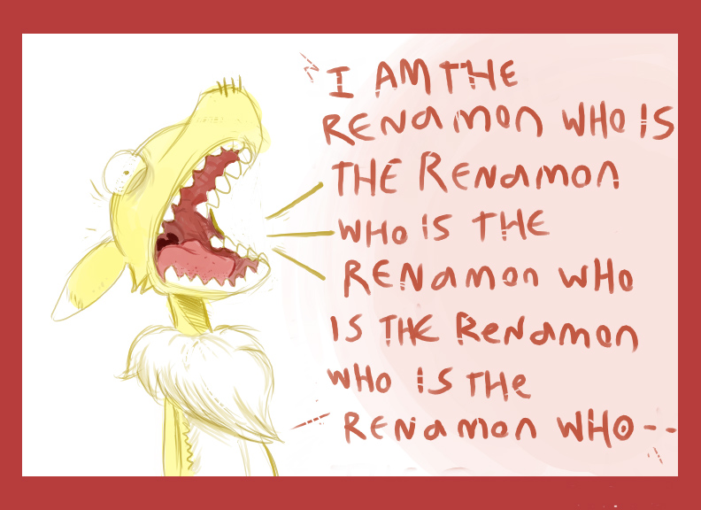 anthro border countershading dialogue fangs female fur gaping_mouth mouth_shot open_mouth palate recursion red_border renamon_who solo teeth text uvula white_body white_fur yellow_body yellow_fur ayato bandai_namco digimon canid canine digimon_(species) mammal renamon english_text