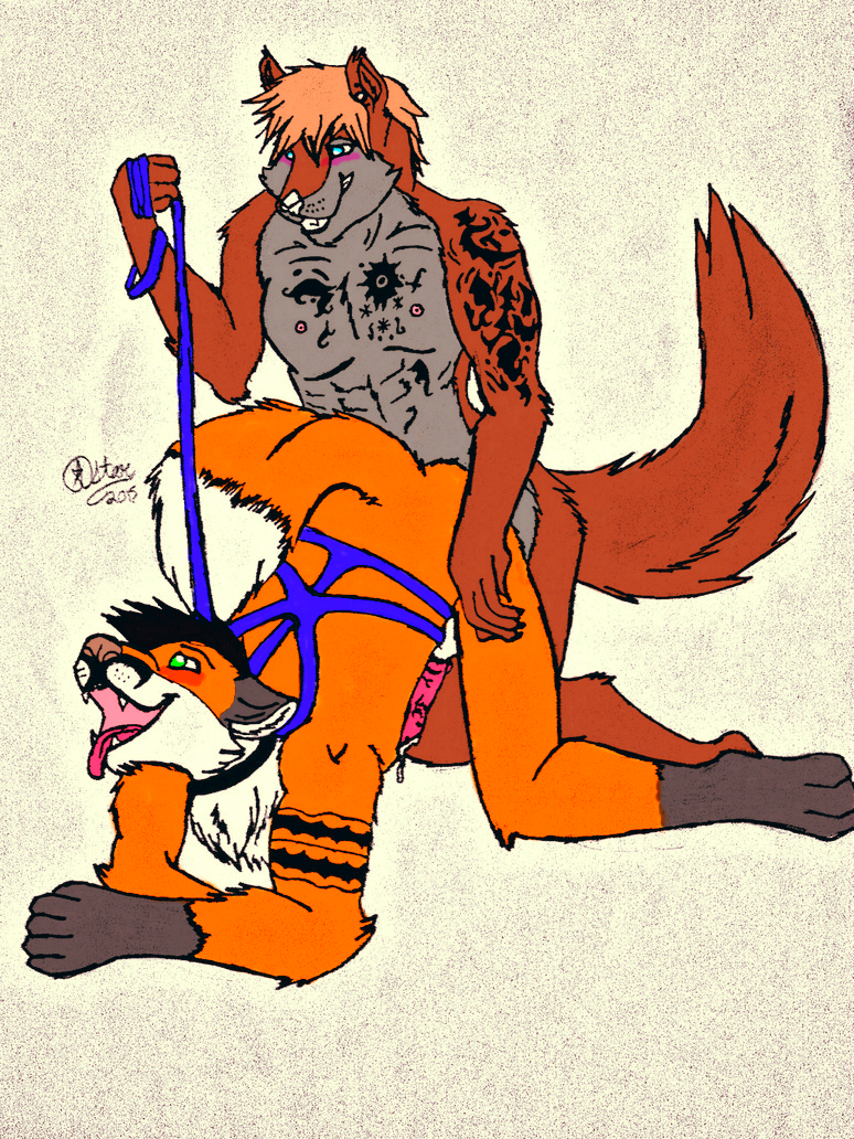 anthro duo male male/male sex redflingfox canid canine canis domestic_dog fox mammal wolf 3:4