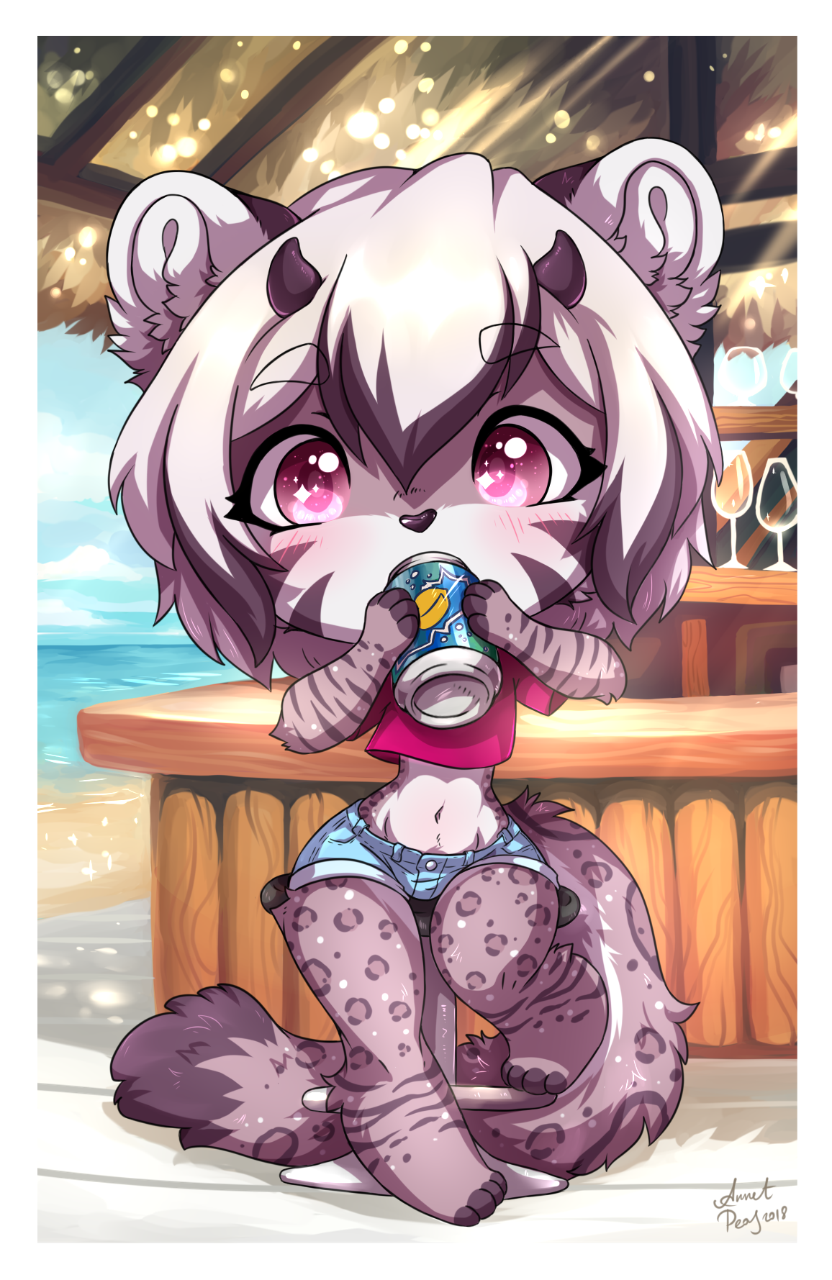 4_toes anthro bar barefoot beach beverage blush bottomwear chibi clothed clothing crop_top dipstick_tail feet female grey_tail_tip horn markings midriff multicolored_tail navel pink_eyes seaside shirt shorts soda solo tail tail_markings toes topwear water annetpeas sprite_(soda) felid mammal pantherine snow_leopard 2018 hi_res