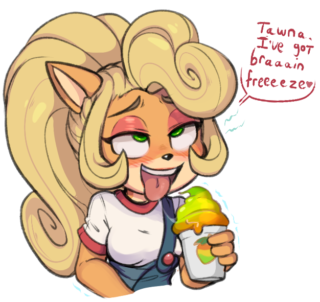 ahegao anthro blonde_hair blush bodily_fluids brain_freeze breasts clothing container cup dessert dialogue eye_roll female food green_eyes hair half-closed_eyes holding_object ice_cream long_hair looking_pleasured narrowed_eyes offscreen_character open_mouth saliva saliva_string simple_background solo speech_bubble teeth text tongue tongue_out white_background anonymous_artist activision crash_bandicoot_(series) coco_bandicoot bandicoot mammal marsupial english_text