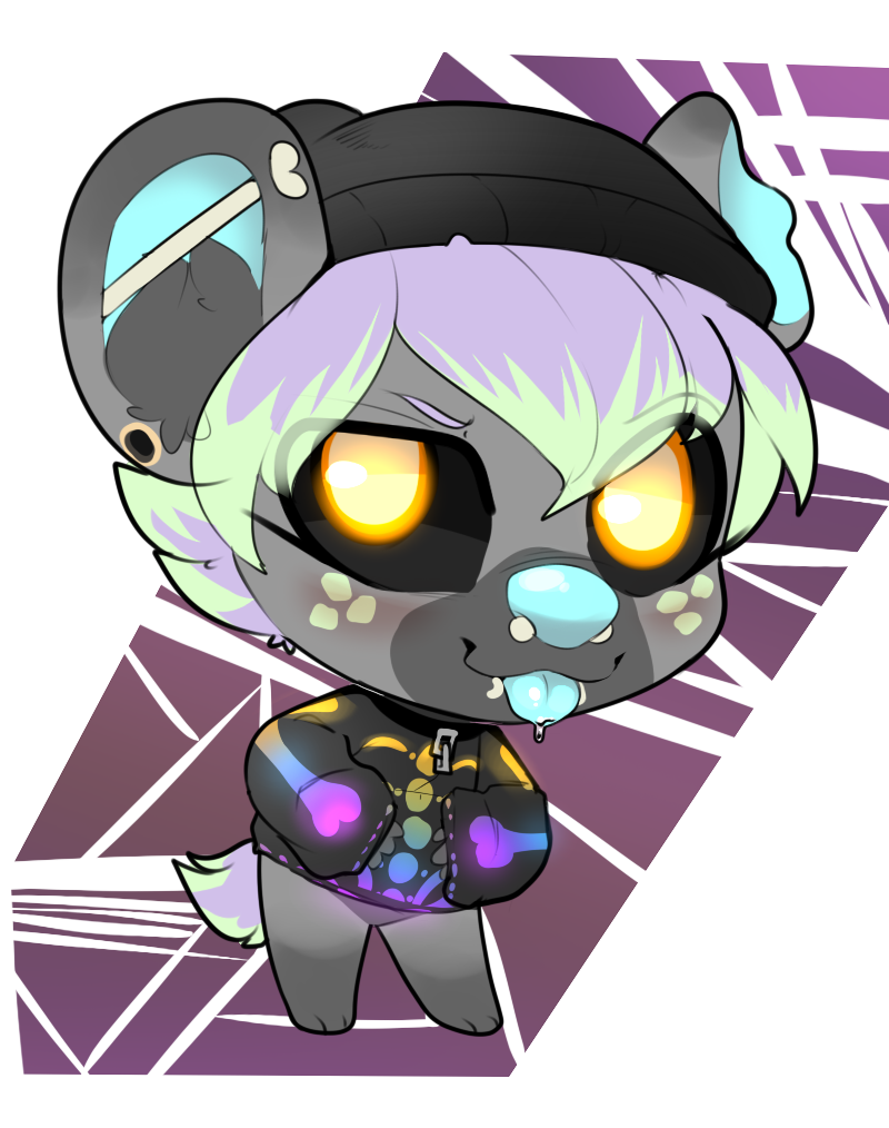 black_body black_fur black_sclera blue_nose blue_tongue blush chain chibi clothed clothing collar facial_piercing female fur furgonomics furry-specific_piercing green_highlights hair hand_in_pocket hands_in_both_pockets highlights_(coloring) hoodie markings nose_piercing piercing pockets purple_hair simple_background solo spots spotted_body spotted_fur tongue tongue_out topwear transparent_background yellow_eyes tizzle_bizzle sinoh hyena mammal spotted_hyena 2017 alpha_channel digital_media_(artwork)