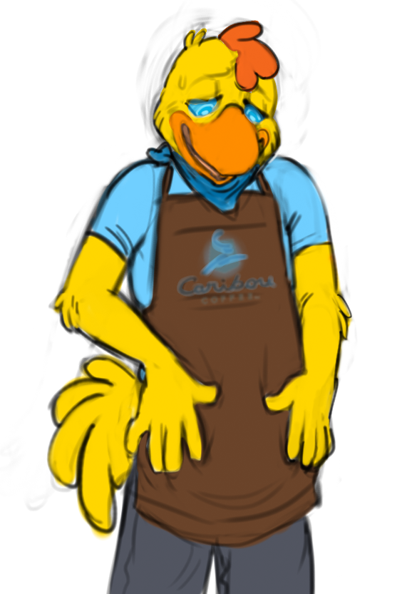 anthro apron barista beak blue_eyes clothed clothing feathers hypnosis kerchief male mind_control neckerchief neckwear ringed_eyes simple_background smile solo spiral white_background yellow_body yellow_feathers cubi gus_(flir) avian bird chicken galliform gallus_(genus) phasianid digital_drawing_(artwork) digital_media_(artwork) sketch