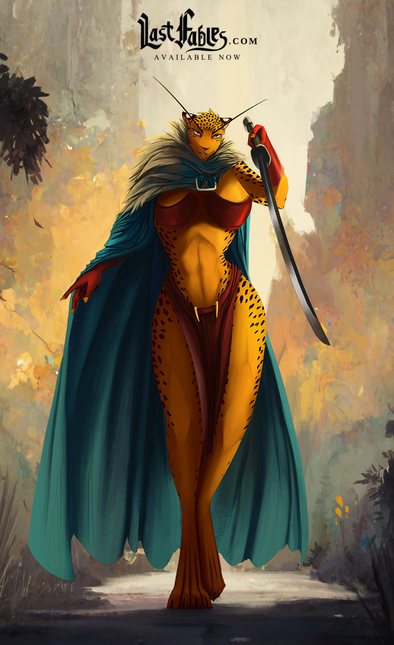 5_fingers abs anthro big_breasts biped black_spots breasts cape clothed clothing day female fingers fur green_cape green_clothing holding_melee_weapon holding_object holding_sword holding_weapon huge_breasts looking_at_viewer melee_weapon outside sky smile solo spots standing sword text walking weapon wide_hips yellow_body yellow_fur thewyvernsweaver last_fables felid leopard mammal pantherine 2022 colored english_text hi_res url