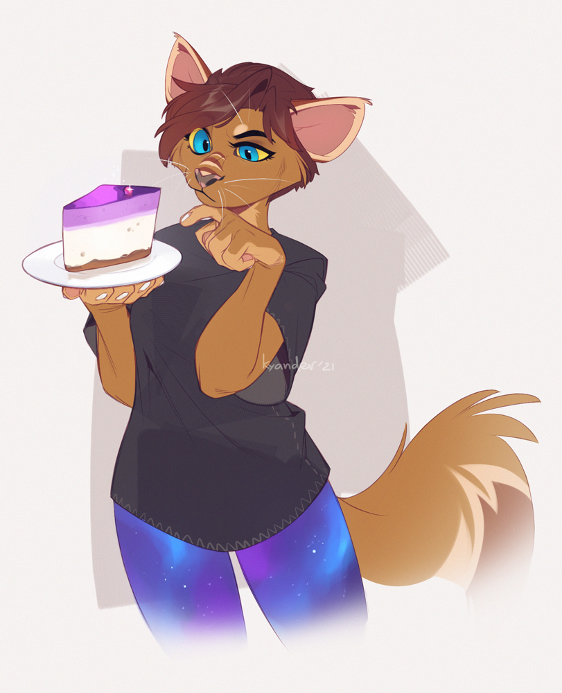 5_fingers anthro blue_eyes brown_body brown_fur brown_hair cake dessert eyebrows eyelashes female fingers food fur hair solo yellow_sclera kyander kissa_yander domestic_cat felid feline felis mammal 2021 digital_media_(artwork)