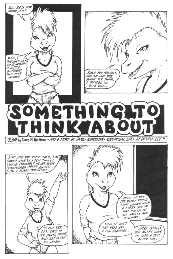 anthro commentary conjoined_speech_bubble copyright_symbol dialogue female meta rant solo speech_bubble symbol talking_to_viewer text title year desiree_lee james_m_hardiman desiree_(jmh) lizard reptile scalie 2003 artist_name comic dated english_text first_page greyscale marker_(artwork) mixed_media monochrome pen_(artwork) traditional_media_(artwork)