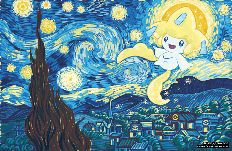 ambiguous_gender blue_eyes flying moon night not_furry open_mouth outside sky smile solo star starry_sky town white_body missypena nintendo pokemon the_starry_night generation_3_pokemon humanoid jirachi legendary_pokemon pokemon_(species) 2015 inspired_by_formal_art