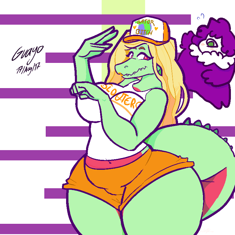 belly big_breasts big_butt blonde_hair bottomwear breasts butt clothed clothing duo eyelashes female florida gift hair hotpants lipstick looking_at_viewer makeup shorts simple_background smile thick_thighs guayo matz alligator alligatorid crocodilian reptile scalie 1:1