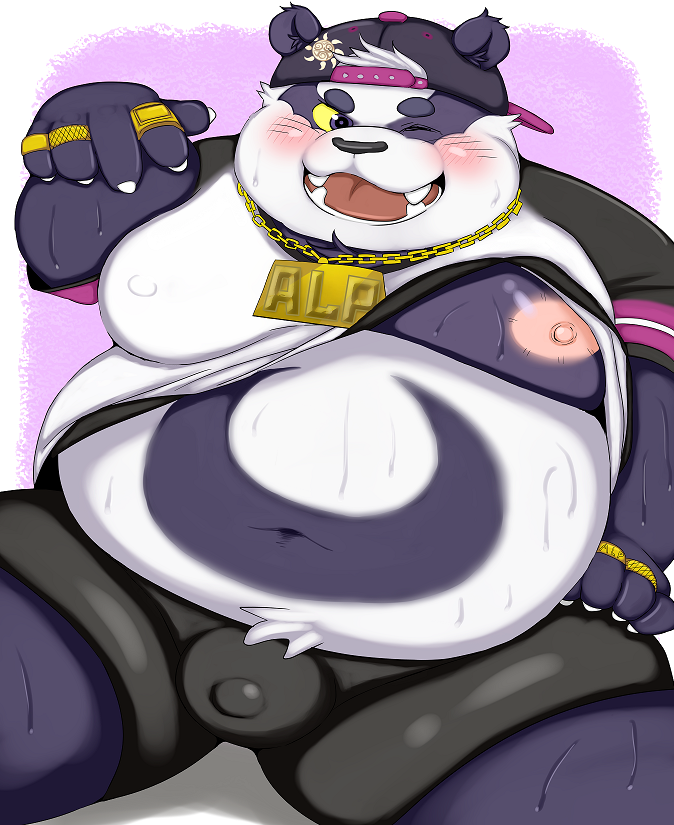 belly black_nose blush bottomwear bulge clothing fur hat headgear headwear humanoid_hands male moobs navel nipples one_eye_closed overweight overweight_male purple_body purple_fur shirt shorts simple_background solo topwear white_body white_fur wink marumori0619 lifewonders tokyo_afterschool_summoners alp_(tas) bear giant_panda mammal 2021