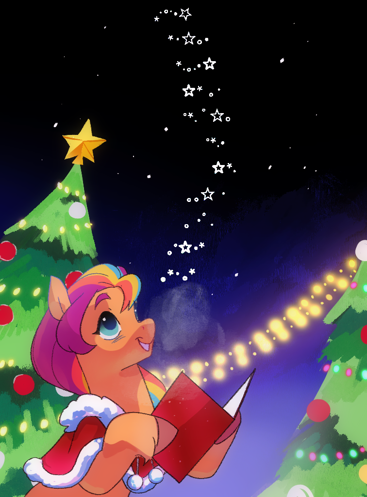 blue_eyes christmas_tree cloak clothing female feral hair holidays hooves multicolored_hair night orange_body plant purple_hair rainbow_hair solo star tree aztrial christmas hasbro mlp_g5 my_little_pony sunny_starscout_(mlp) earth_pony equid equine horse mammal pony