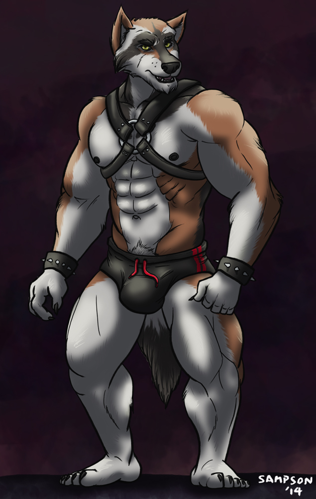 5_fingers 5_toes abs anthro barazoku big_muscles black_claws black_nipples black_nose broad_shoulders brown_body brown_fur bulge cheek_tuft chin_tuft claws clothing facial_tuft feet finger_claws fingers fist fur grade harness humanoid_feet leather looking_at_viewer male muscular muscular_anthro muscular_male navel nipples open_mouth pecs plant plantigrade pubes serratus simple_background smile solo standing stocky studded_wristband studs teeth toe_claws toes tongue tuft underwear white_body white_fur wristband yellow_eyes sampsonwoof canid canine canis mammal wolf 2014 digital_drawing_(artwork) digital_media_(artwork) shaded signature story story_in_description