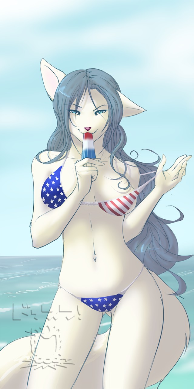 anthro bikini candy clothing dessert female food holding_candy holding_food holding_lollipop holding_object lollipop solo swimwear two-piece_swimsuit united_states_of_america water dossun canid canine canis mammal wolf 1:2 hi_res